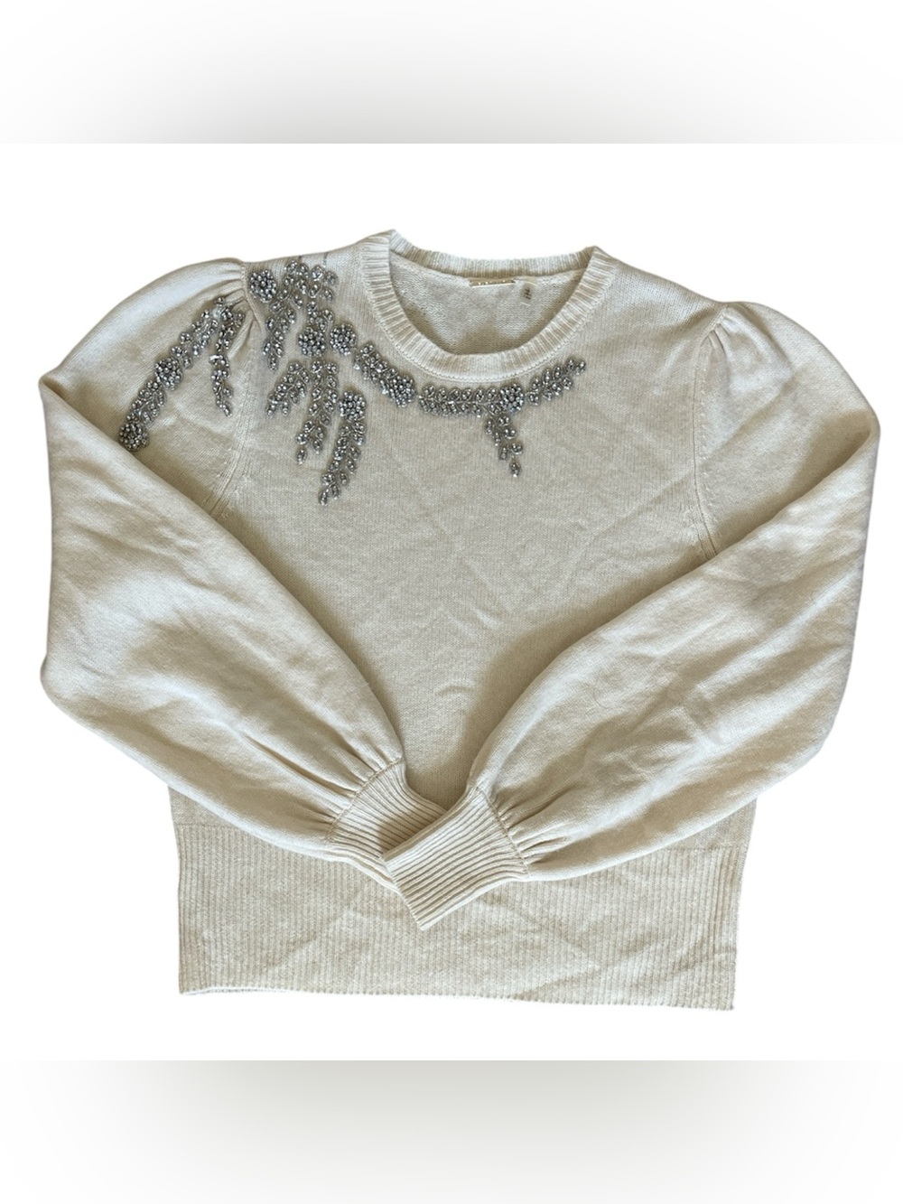 Elie Tahari Wool Cashmere Long Sleeve Ivory Sweater Rhinestone Embellished Sz M